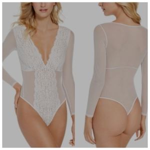 INC Not So Basic Long-Sleeve Lace Mesh Bodysuit White Medium